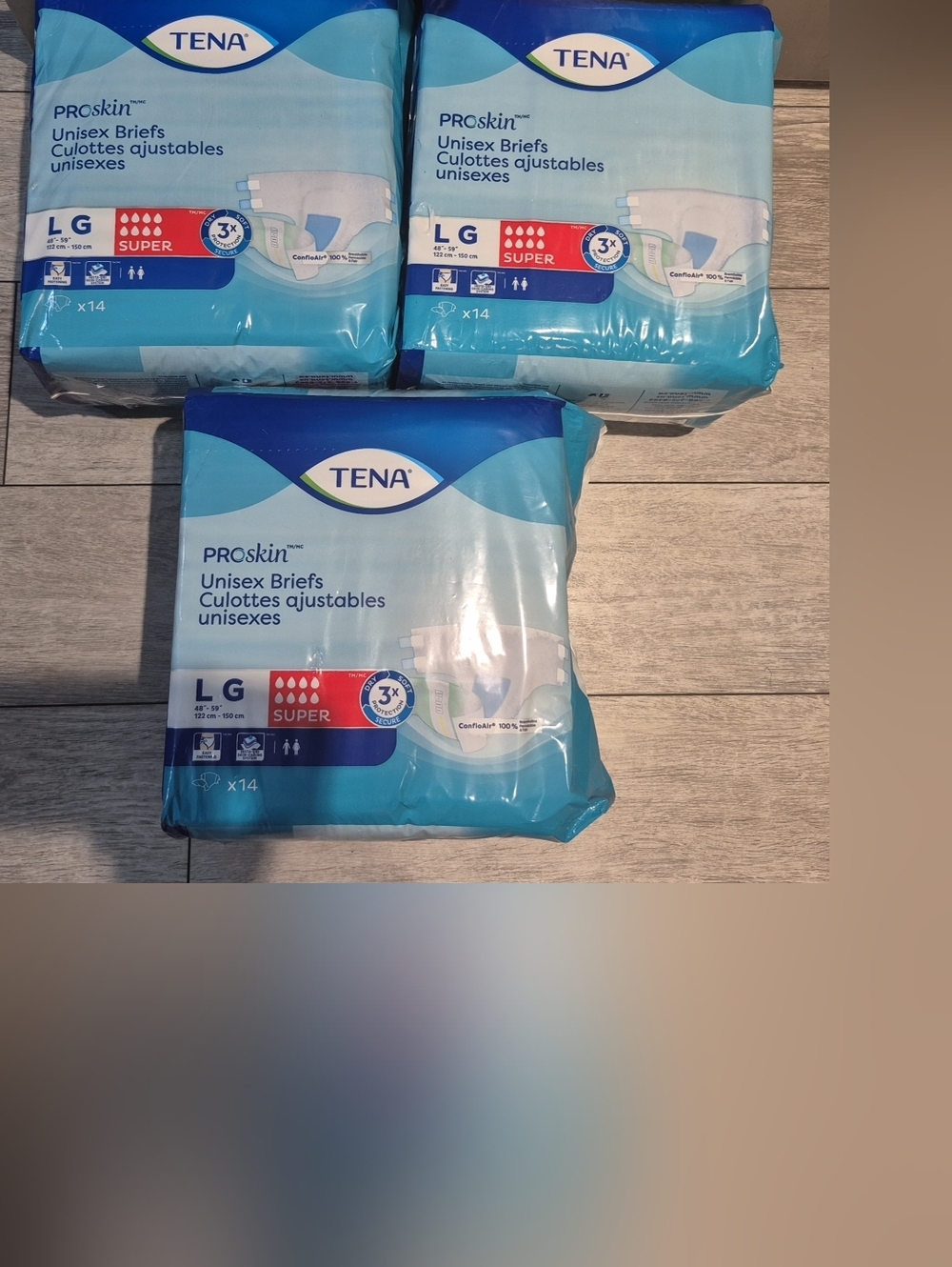 Lot Of 3 TENA ProSkin Unisex Briefs. Size Large. Super Absorbency. 14 Count X 3